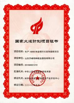 我公司金銀片幻彩飾面紙項目被列入國家火炬計劃項目